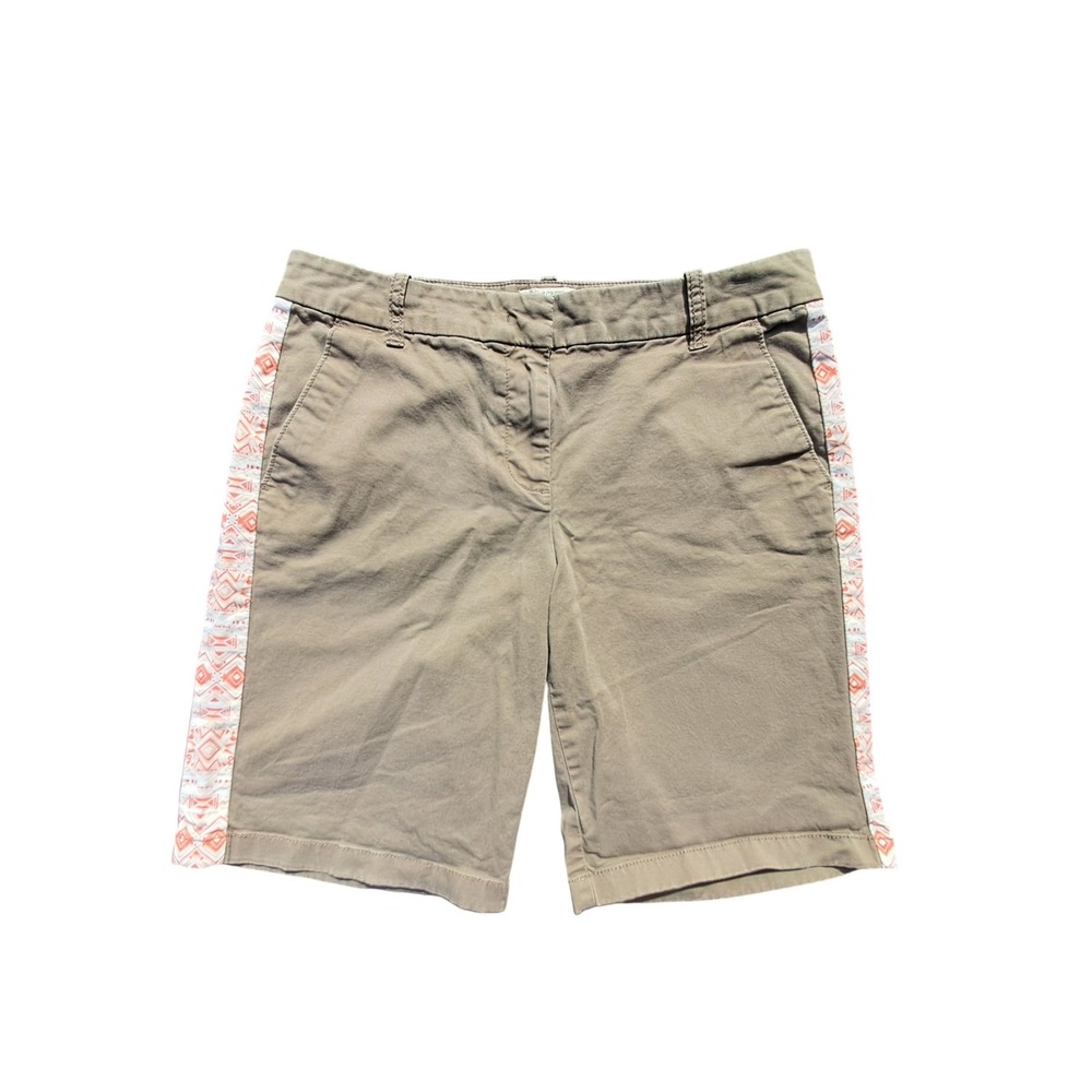 J.Crew Bermuda Shorts Womens 4 Khaki Brown Embroidered Geometric Side Stripe